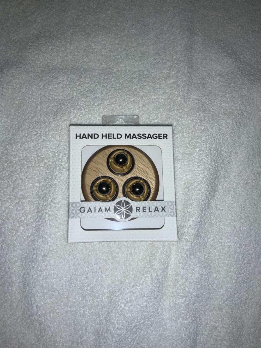 GAIAM Relax Wooden Handheld Massager with Gold Rollers